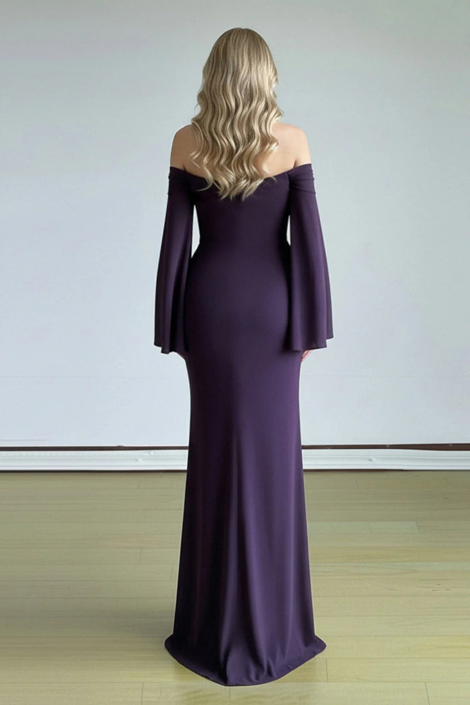 Elegant Dark Purple Sheath Long Sleeve Beaded Chiffon Long Prom Dress Evening Dress DP6087