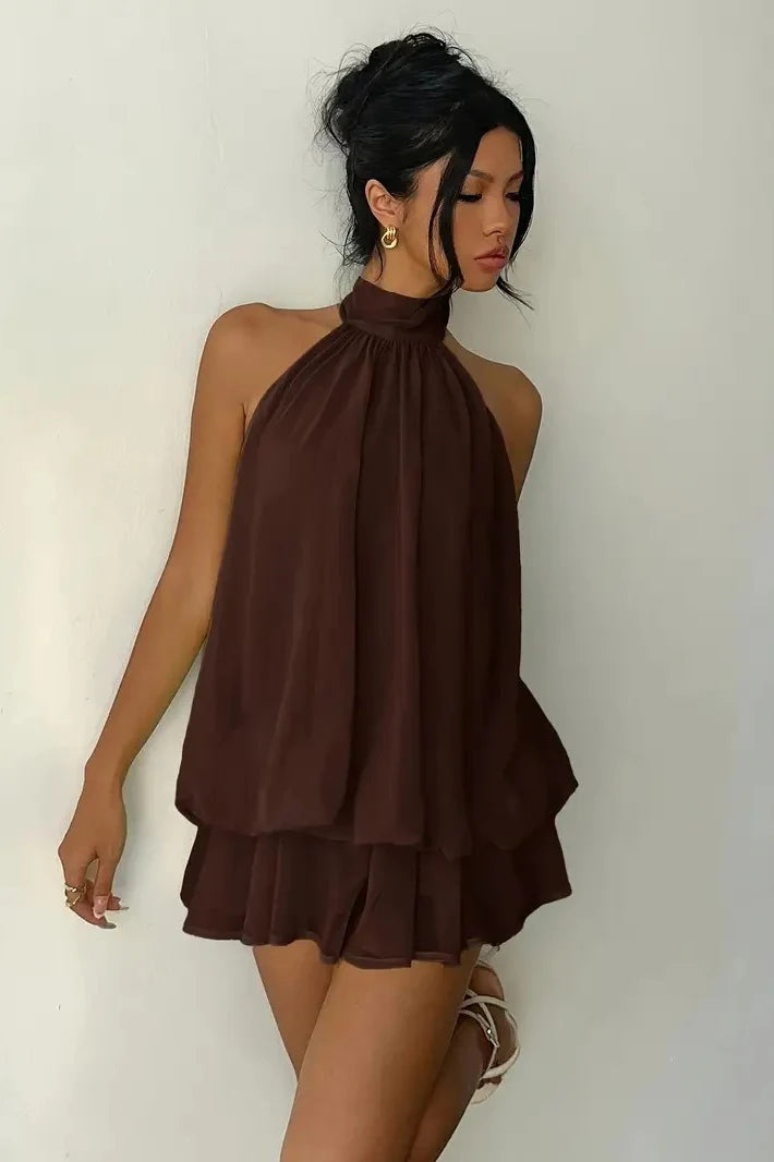 Blue Sexy Backless Halter Tie Waist Slim Fit Ruffled Mini Dress Homecoming Dress DP5910