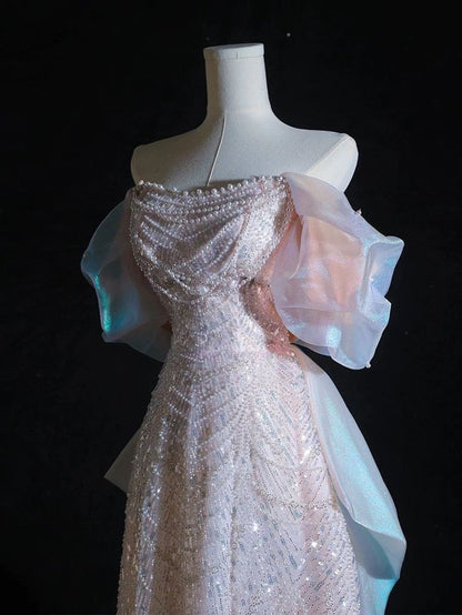 Pink Pretty A Line Off the Shoulder Pearl Sequin Tulle Prom Dress Party Dress DP3067