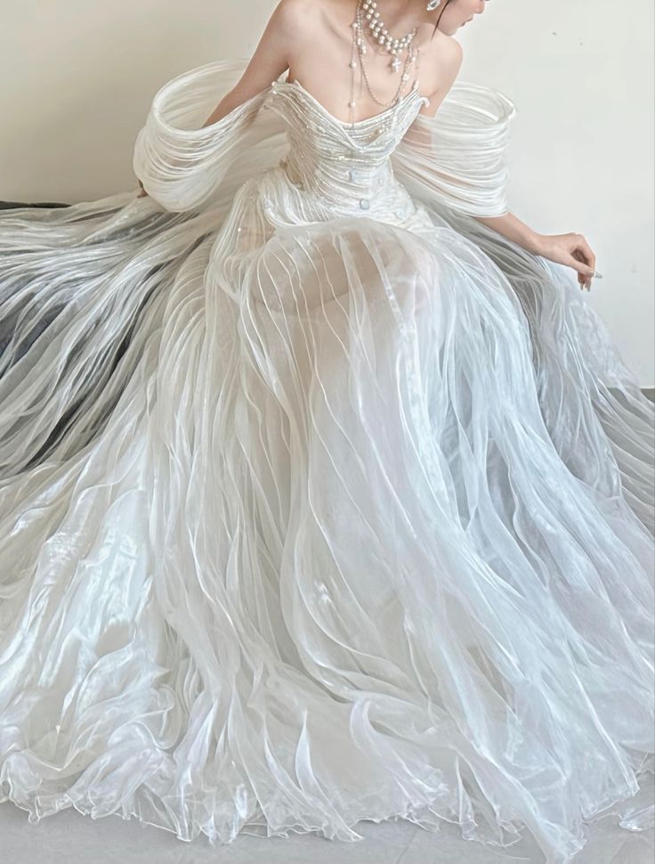 Stunning Fairy Mermaid White Beaded Organza Long Prom Dress Wedding Dress DP5061
