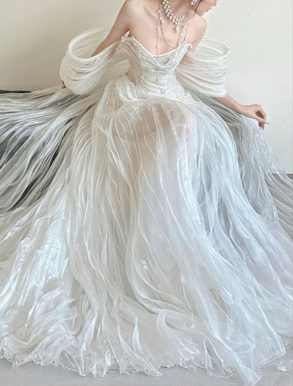 Stunning Fairy Mermaid White Beaded Organza Long Prom Dress Wedding Dress DP5061