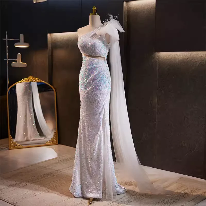 Luxury Mermaid White One Shoulder Long Sequin Slit Prom Dress Formal Evening Dress DP071