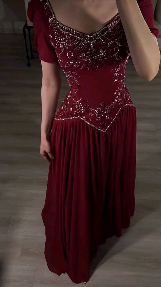 Beautiful Burgundy A Line Puff Sleeve Exquisite Beaded Satin Prom Dress Party Dress DP6532