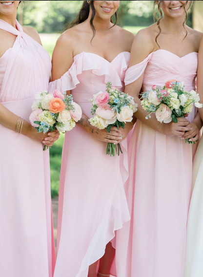 Gentle Light Pink A Line Off the Shoulder Ruffle Chiffon Bridesmaid Dress Prom Dress with Slit DP4980