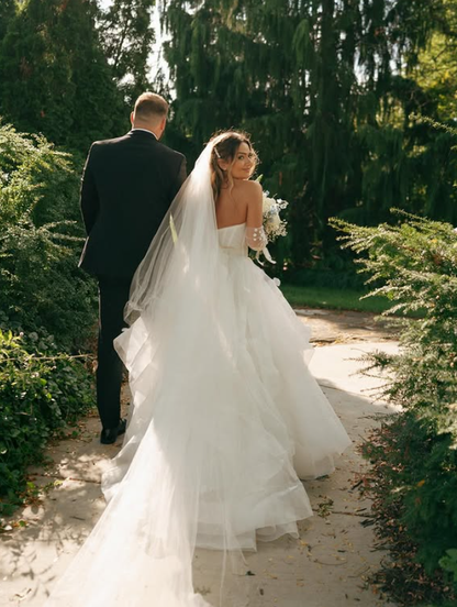 Pretty A Line Strapless White Tulle Long Wedding Dress DP6073