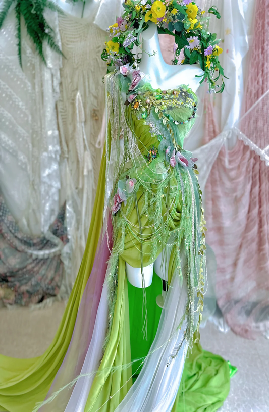 Dreamy Green Exquisite Beaded Floral Chiffon Long Sweep Prom Dress Evening Dress Party Dress DP2971
