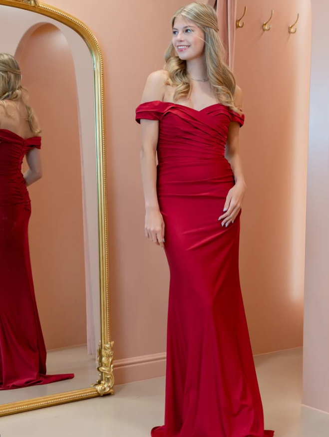 Elegant Red Sheath Off the Shoulder Satin Long Prom Dress Evening Dress DP6215