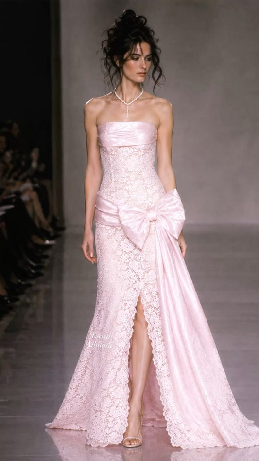Sweety Mermaid Strapless Pink Bowknot Lace Prom Dress Evening Dress with Slit DP7523