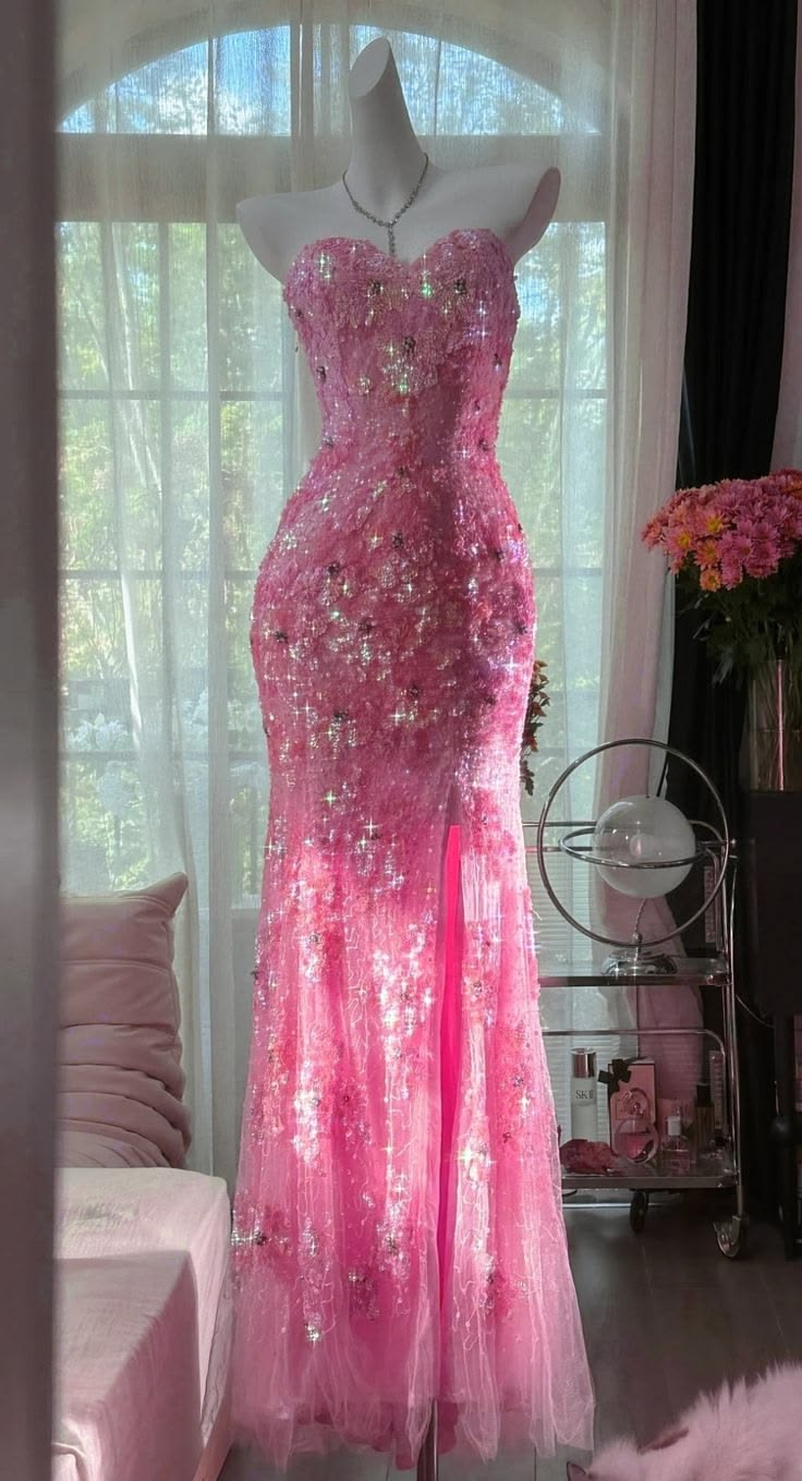 Pink Orange Mermaid Sweetheart Neck Shiny Sequin Beaded Tulle Prom Dress Evening Dress DP5746