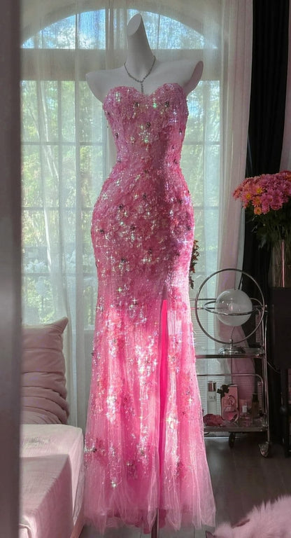 Pink Orange Mermaid Sweetheart Neck Shiny Sequin Beaded Tulle Prom Dress Evening Dress DP5746