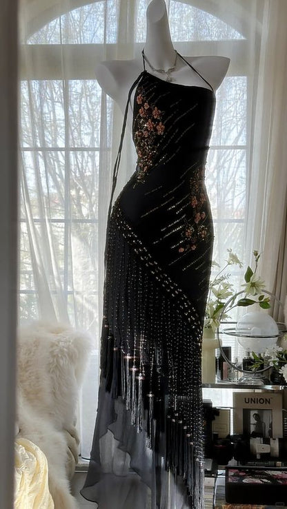 Sexy Black Mermaid Halter Exquisite Beaded Chiffon Prom Dress 21th Birthday Dress DP3902
