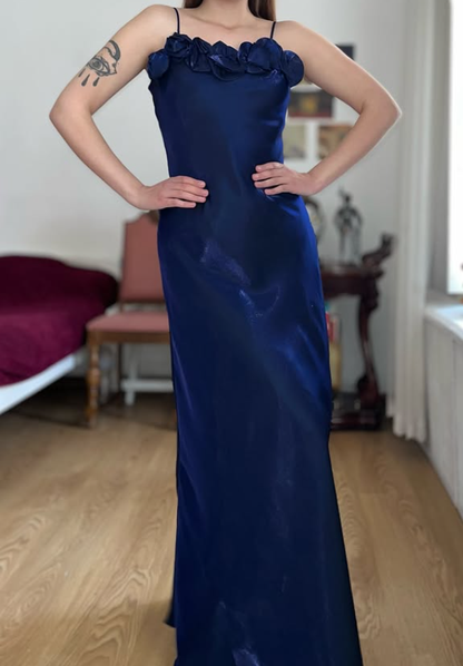 Dazzling Navy Blue A Line Straps Floral Satin Prom Dress Evening Dress Date Dress DP5703
