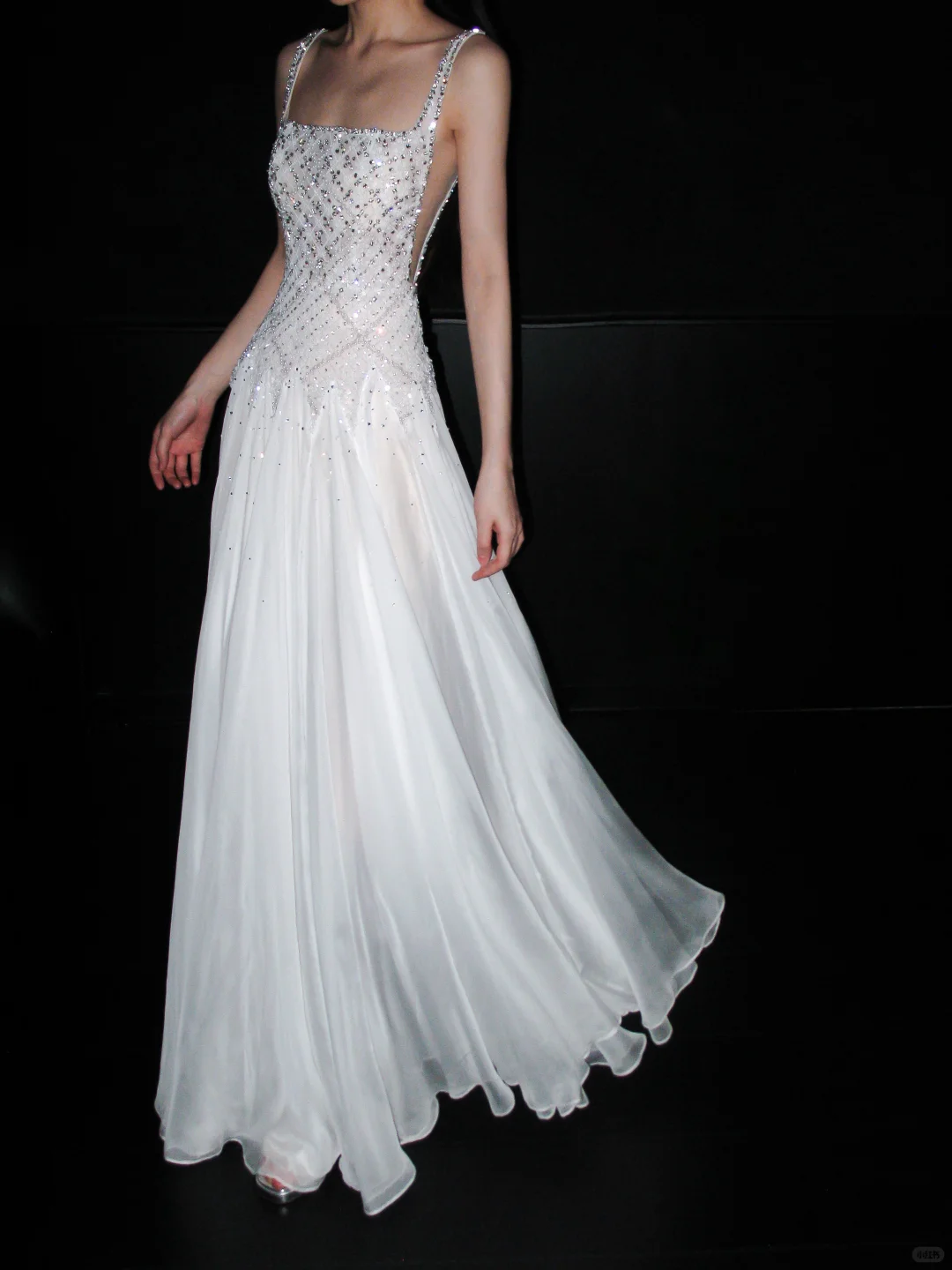 Shiny Exquisite Beaded Sequin A Line Straps White Chiffon Long Wedding Dress DP6379