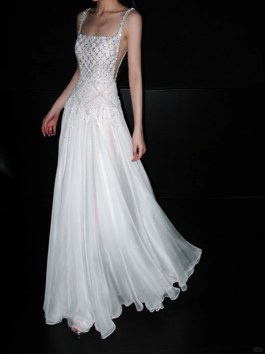 Shiny Exquisite Beaded Sequin A Line Straps White Chiffon Long Wedding Dress DP6379