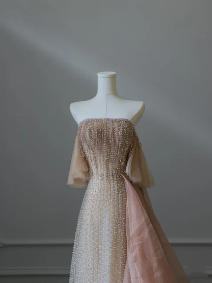 Exquisite A Line Strapless Pearl Beaded Tulle Long Prom Dresses Evening Gowns Party Dress DP3045