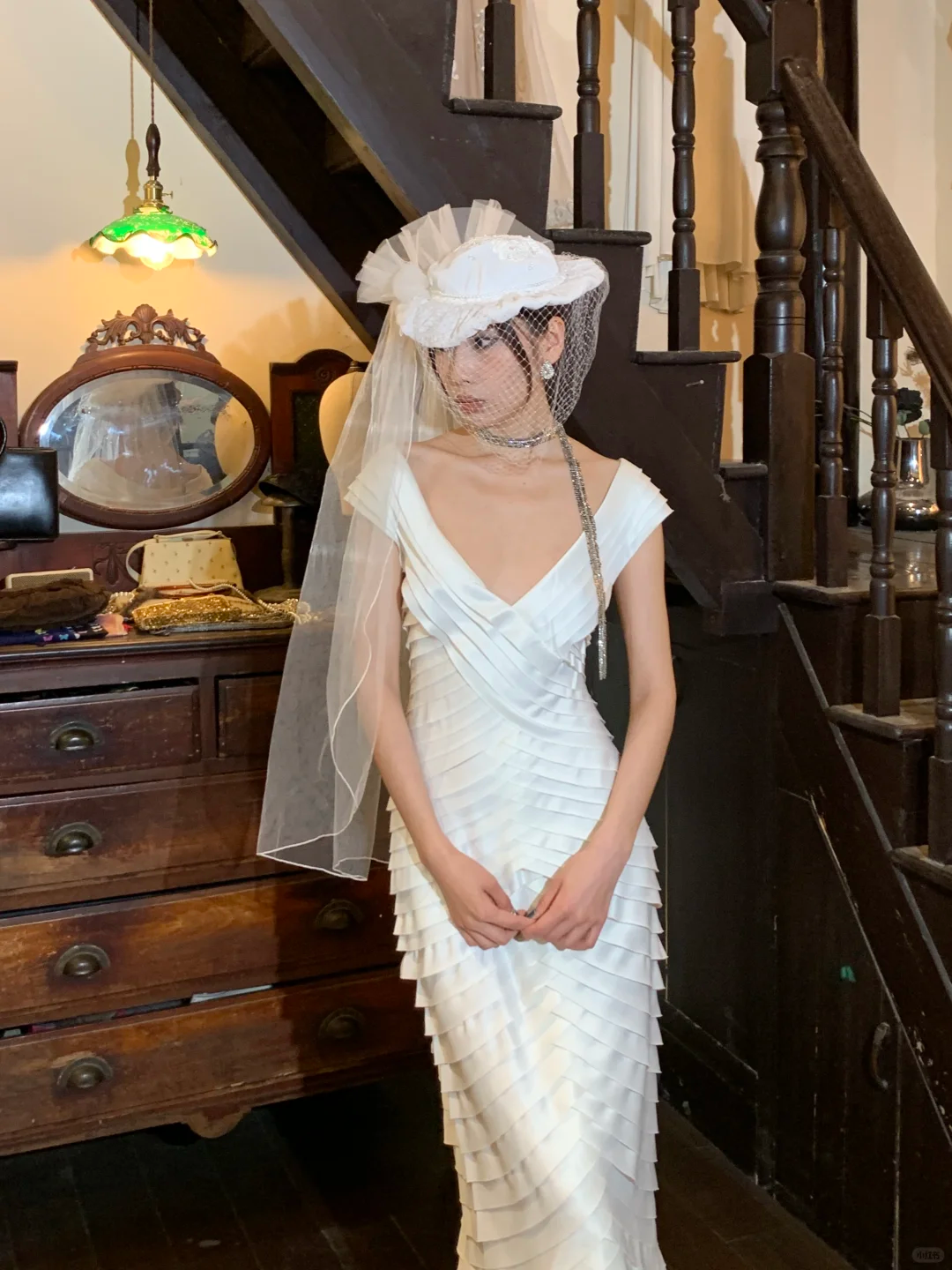 Elegant Mermaid V Neck Layered White Satin Long Party Dress Evening Dress DP2439