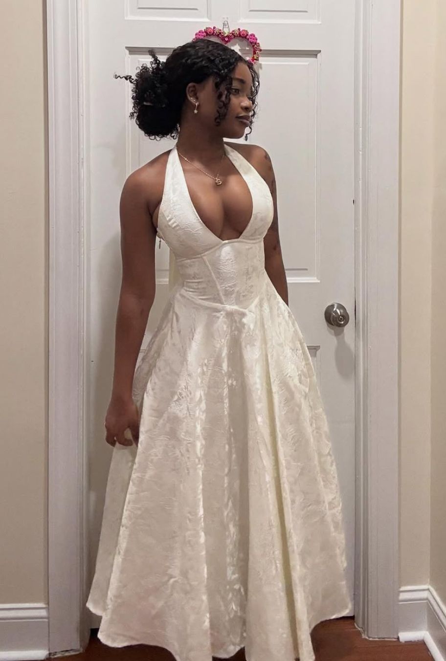 Sweety Ivory A Line Halter V Neck Print Satin Prom Dress Party Dress DP7707