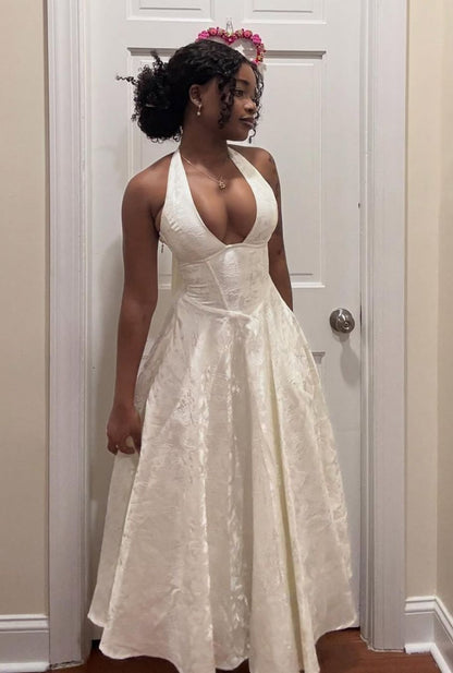Sweety Ivory A Line Halter V Neck Print Satin Prom Dress Party Dress DP7707