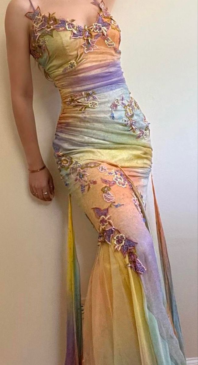 Fairy Vintage Mermaid Spaghetti Strap Appliques Chiffon Long Party Dress Evening Dress DP3014
