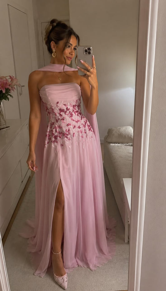 Gentle Pink A Line Strapless Exquisite Appliques Tulle Long Prom Dress Graduation Prom Dress DP6642