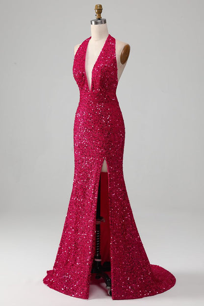 Mermaid Halter Sequin Satin Prom Dress With Slit DP775