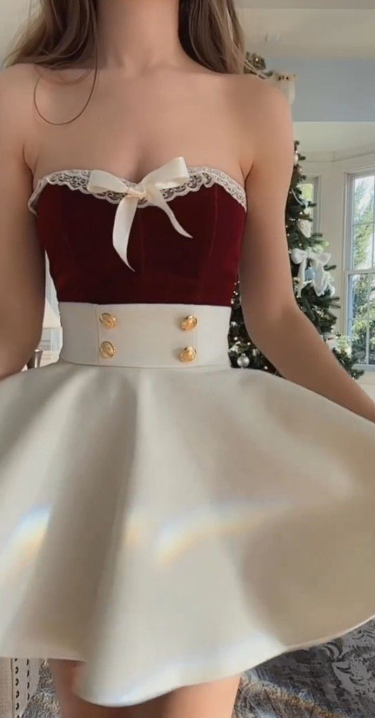 Cute A Line Sweetheart Neck Burgundy Velvet White Satin Mini Homecoming Dress DP2621