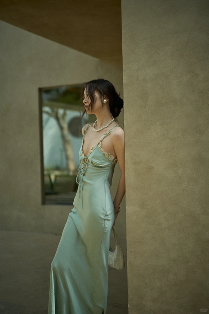 Sage Green Sheath Spaghetti Strap Appliques Satin Long Prom Dress Party Dress Outfits DP4531