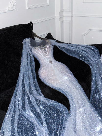 Stunning Mermaid Long Sleeve Rhinestone Sequin Tulle Long Prom Dress Wedding Dress DP2576