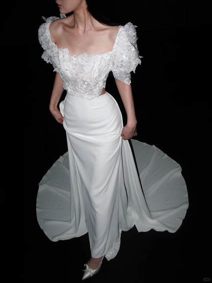 Cute Puff Sleeve A Line White Lace Satin Long Wedding Dress DP5782