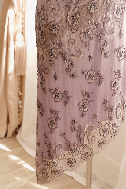 Vintage Light Purple Sheath Spaghetti Strap Beaded Tulle Prom Dress Evening Dress DP8262