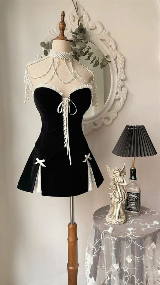 Cute A Line Strapless Black Velvet Homecoming Dress With Bowknot DP1331