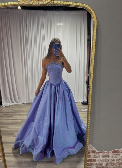 Dreamy Purple A Line Strapless Exquisite Beaded Satin Long Prom Dress Evening Dress DP7120
