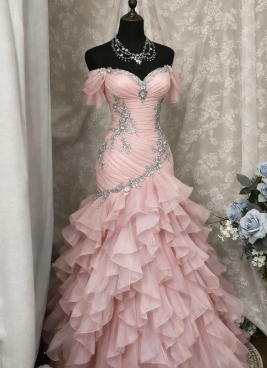 Blue Dreamy Mermaid Exquisite Beaded Layered Ruffle Tulle Prom Dress Evening Gown DP5039