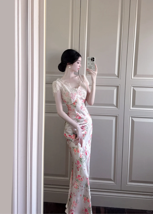 Elegant Sheath V Neck Pink Print Floral Satin Long Prom Dress Outfits DP4614