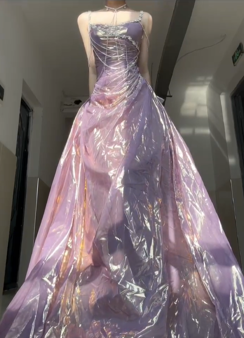 Purple Shiny A Line Spaghetti Strap Beaded Satin Prom Dress Graduation Ball Gown DP4569