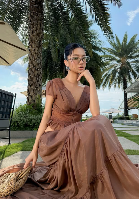 Brown Two Piece A Line V Neck Lace Satin Long Prom Dress Evening Dress DP7978