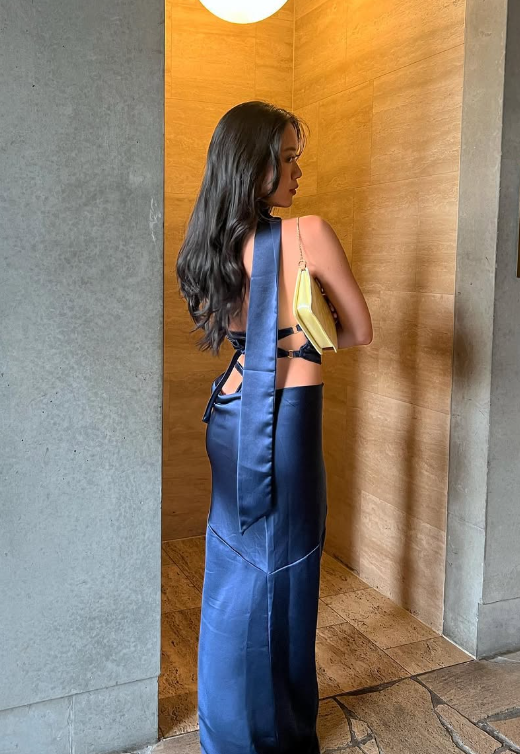 Two Piece Mermaid Halter Navy Blue Satin Long Prom Dress Evening Dress DP1329
