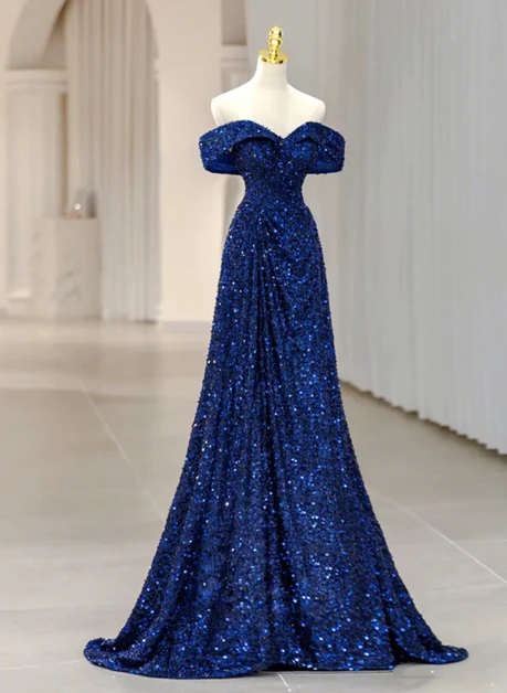 Elegant Blue Sequins Off Shoulder Prom Dress Evening Dress DP384