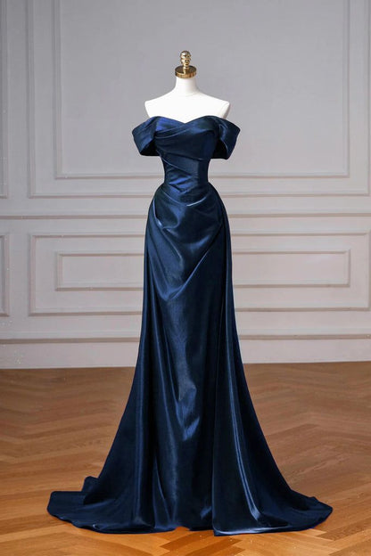 Elegant Mermaid Off the Shoulder Navy Blue Satin Long Prom Dresses Evening Gowns DP4209