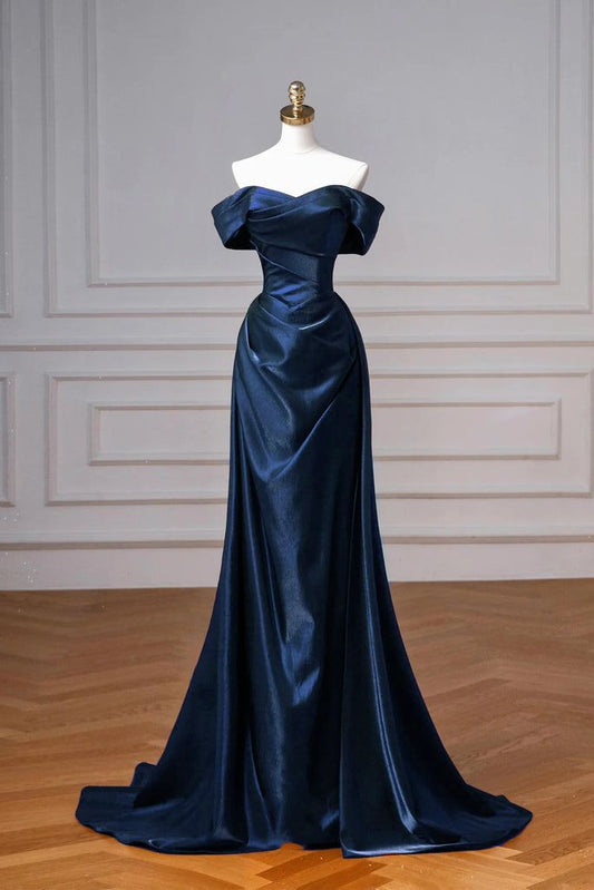 Elegant Mermaid Off the Shoulder Navy Blue Satin Long Prom Dresses Evening Gowns DP4209