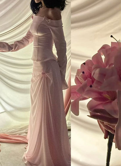 Two Piece Pink Bow A Line Long Sleeve Chiffon Satin Prom Dress 16th Birthday Dress DP3955