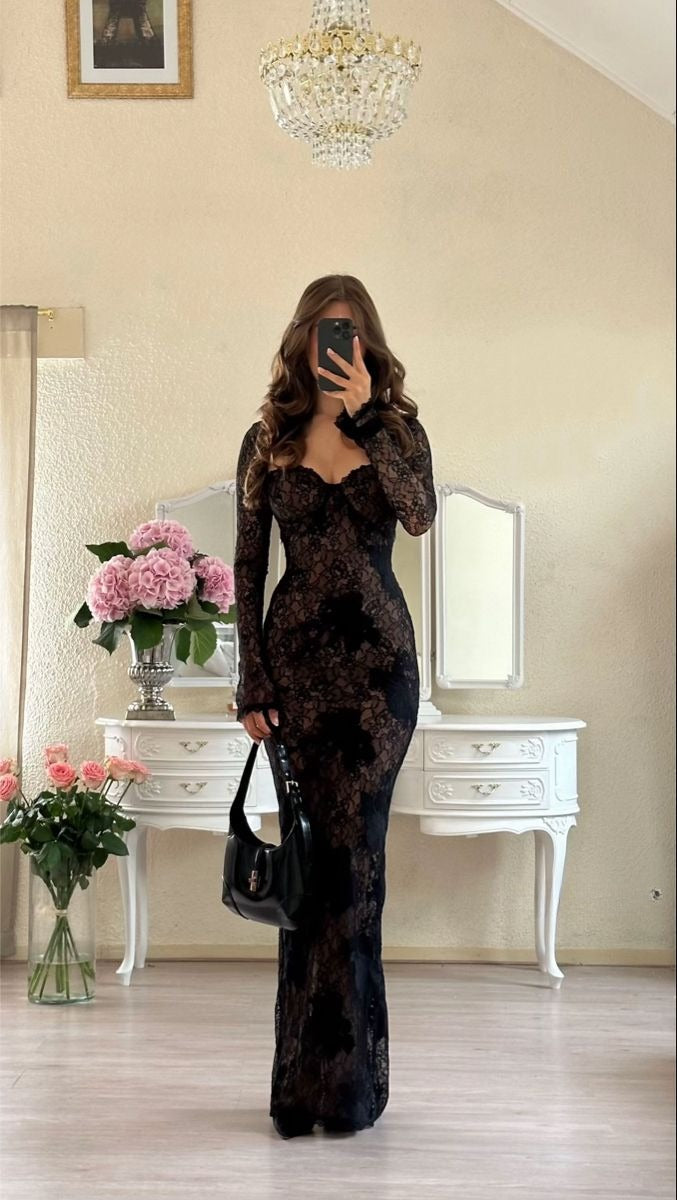 Sexy Sheath Long Sleeve Black Lace Long Prom Dress Evening Dress DP6677