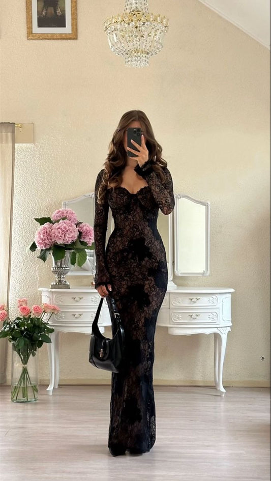 Sexy Sheath Long Sleeve Black Lace Long Prom Dress Evening Dress DP6677