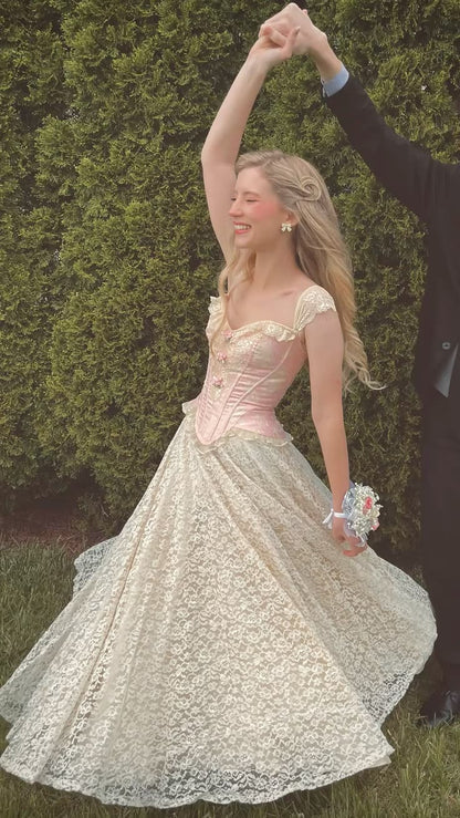 Princess A Line Strap Pink Satin White Lace Prom Dress Party Dress DP6533