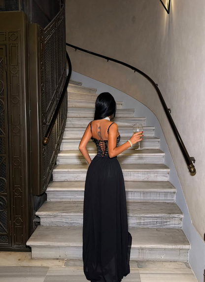 Simple A Line Spaghetti Strap Black Satin Chiffon Long Prom Dress Evening Dress DP8181