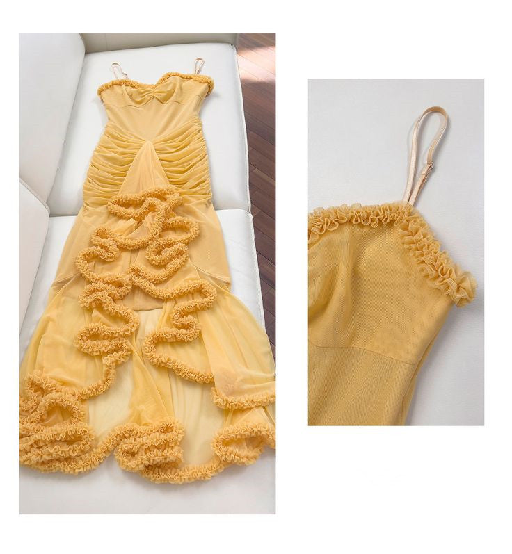 Yellow Mermaid Spaghetti Straps Tulle Long Prom Dress Evening Dress DP1414