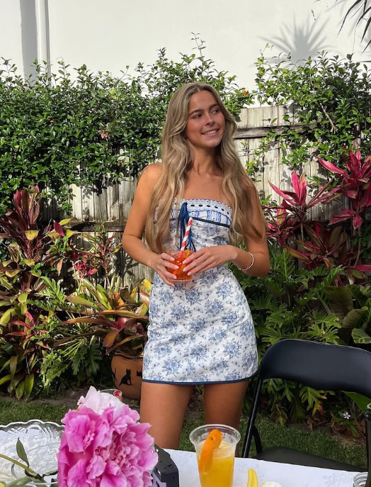 Blue Sheath Strapless Printed Floral Satin Short Homecoming Dress Outfits DP1363