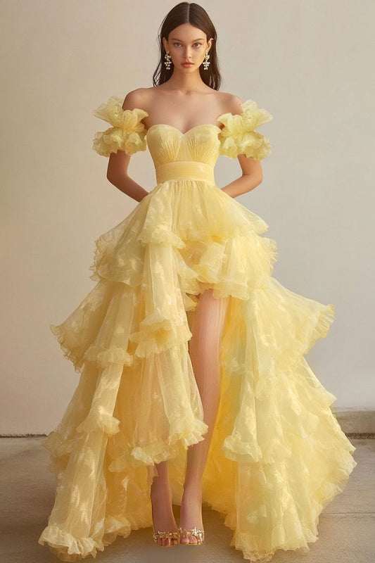 Stunning A Line Off the Shoulder Yellow Tulle Prom Dress 21th Birthday Dress with Slit DP3890