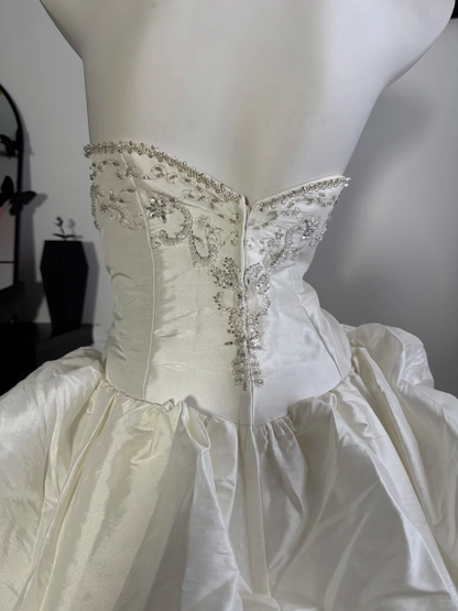 Vintage Ball Gown Strapless Beaded White Pleated Satin Prom Dress Wedding Dress DP6987