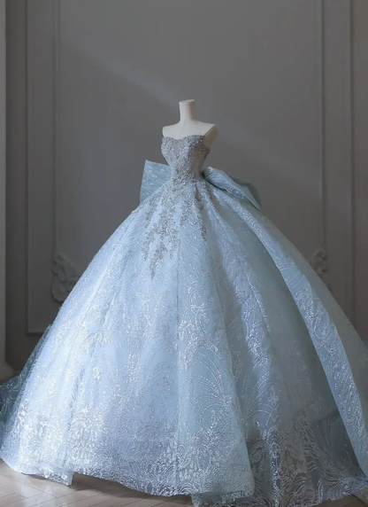 Blue Bow Ball Gown Strapless Sequin Beaded Tulle Long Prom Dress Wedding Dress DP4650